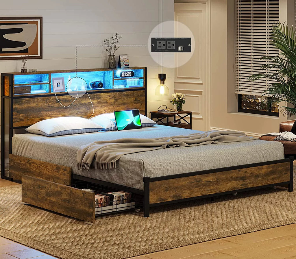 Rustic Brown Full Size Metal Platform Bed Frame with LED Headboard and USB Ports G239