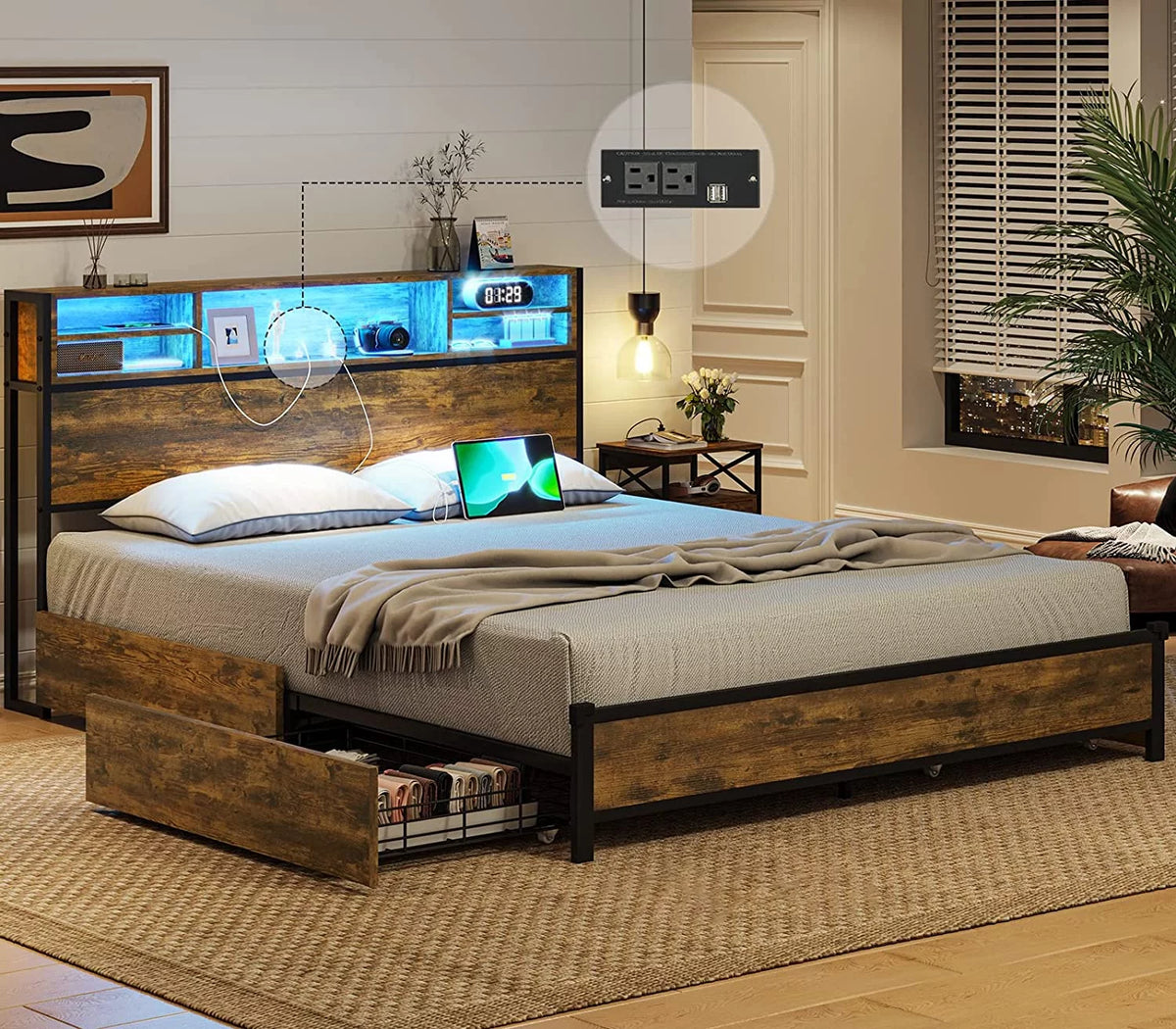 Rustic Brown Full Size Metal Platform Bed Frame with LED Headboard and USB Ports G239