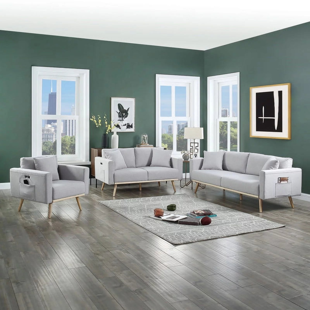 Light Gray Linen Fabric Sofa Loveseat Chair Set X9121