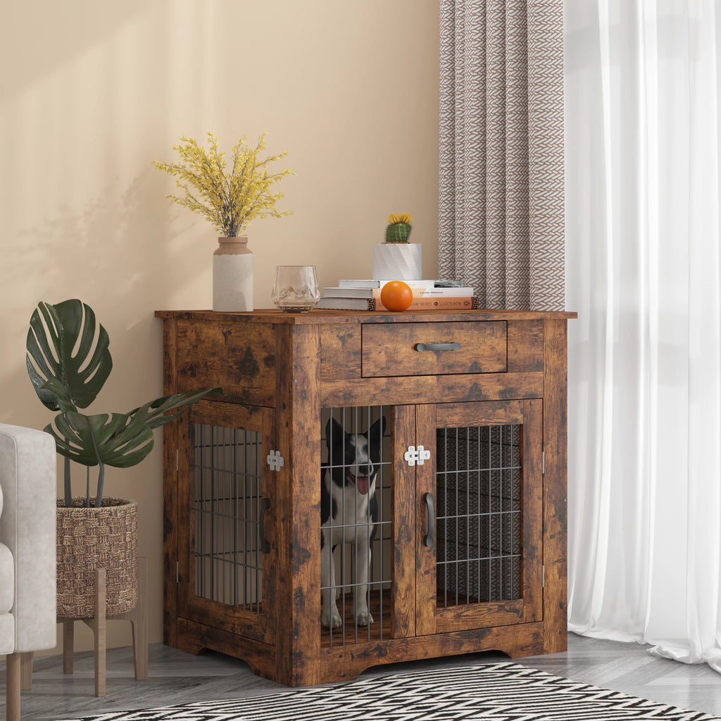 30" Wooden Dog Crate End Table with 2 Doors and Drawer J591503