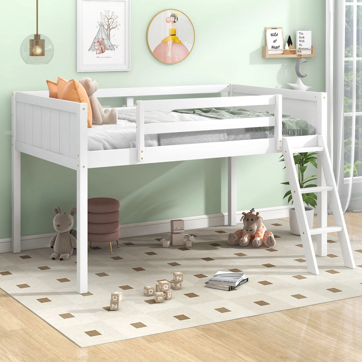 White Twin Size Wood Loft Bed with Ladder D18934