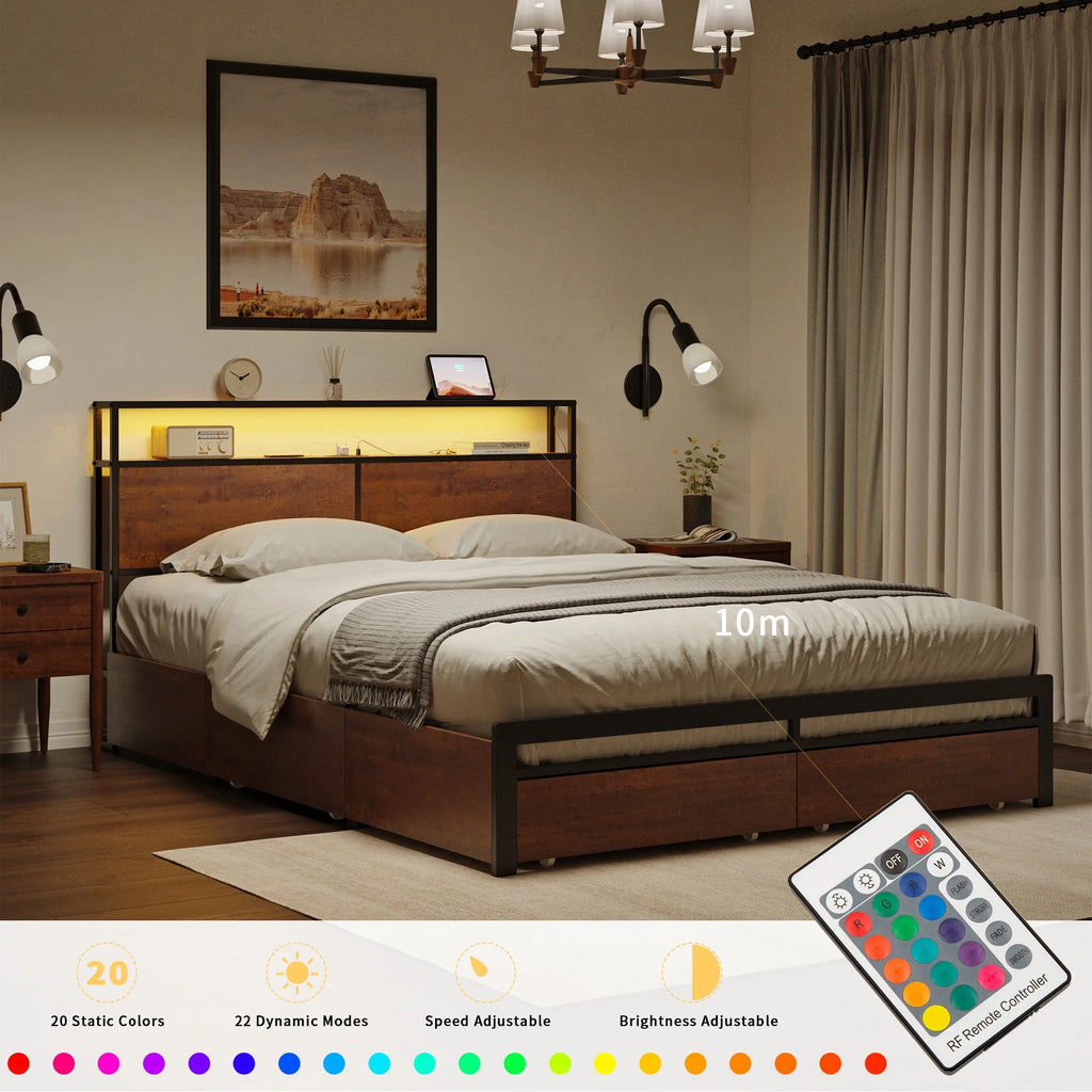Queen Size Bed Frame with Headboard and 4 Storage Drawers G97548