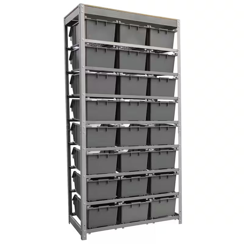 Gray 8-Tier Storage Rack with 24 Plastic Bins J14932