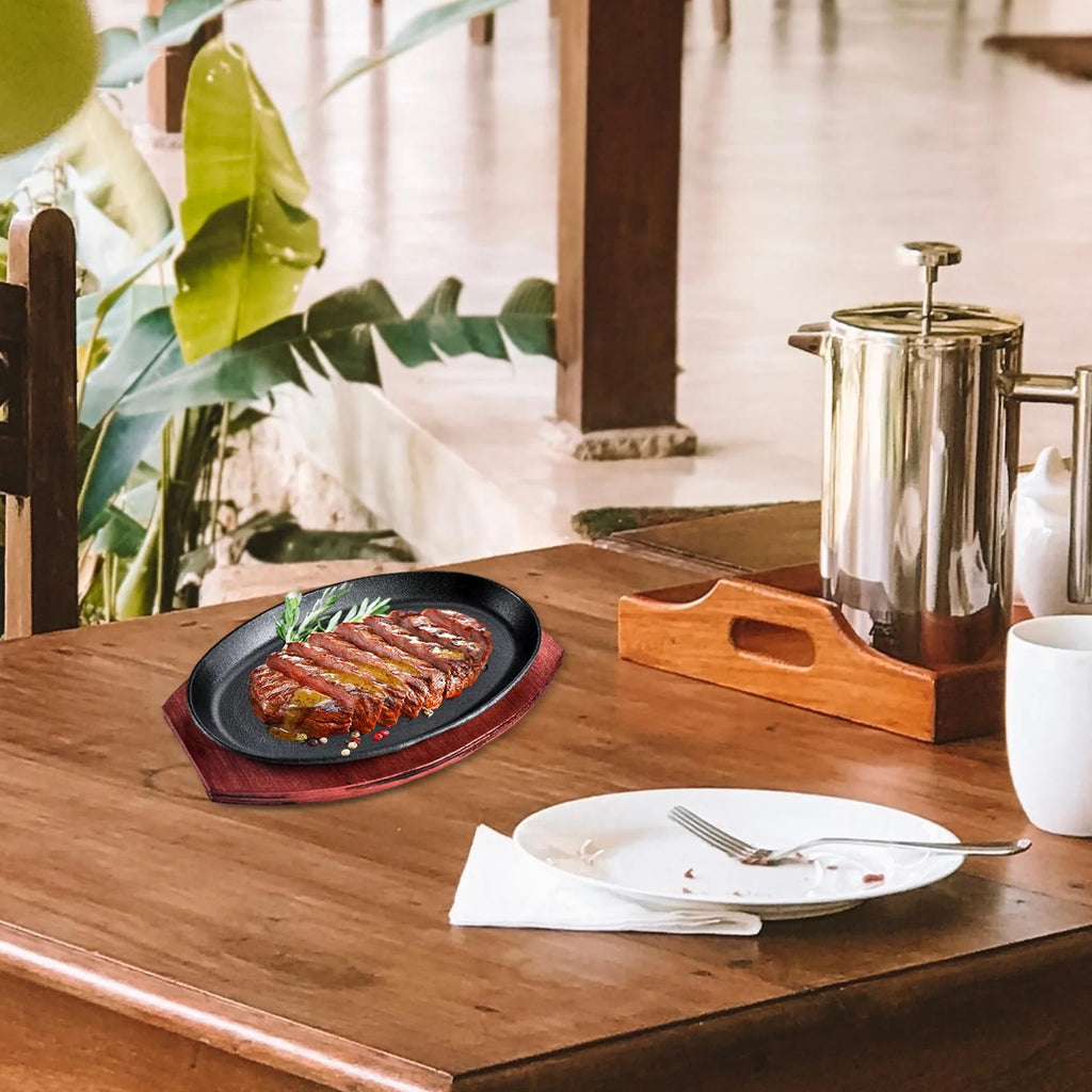 Oval Nonstick Sizzling Steak Plate with Bamboo Tray L3735