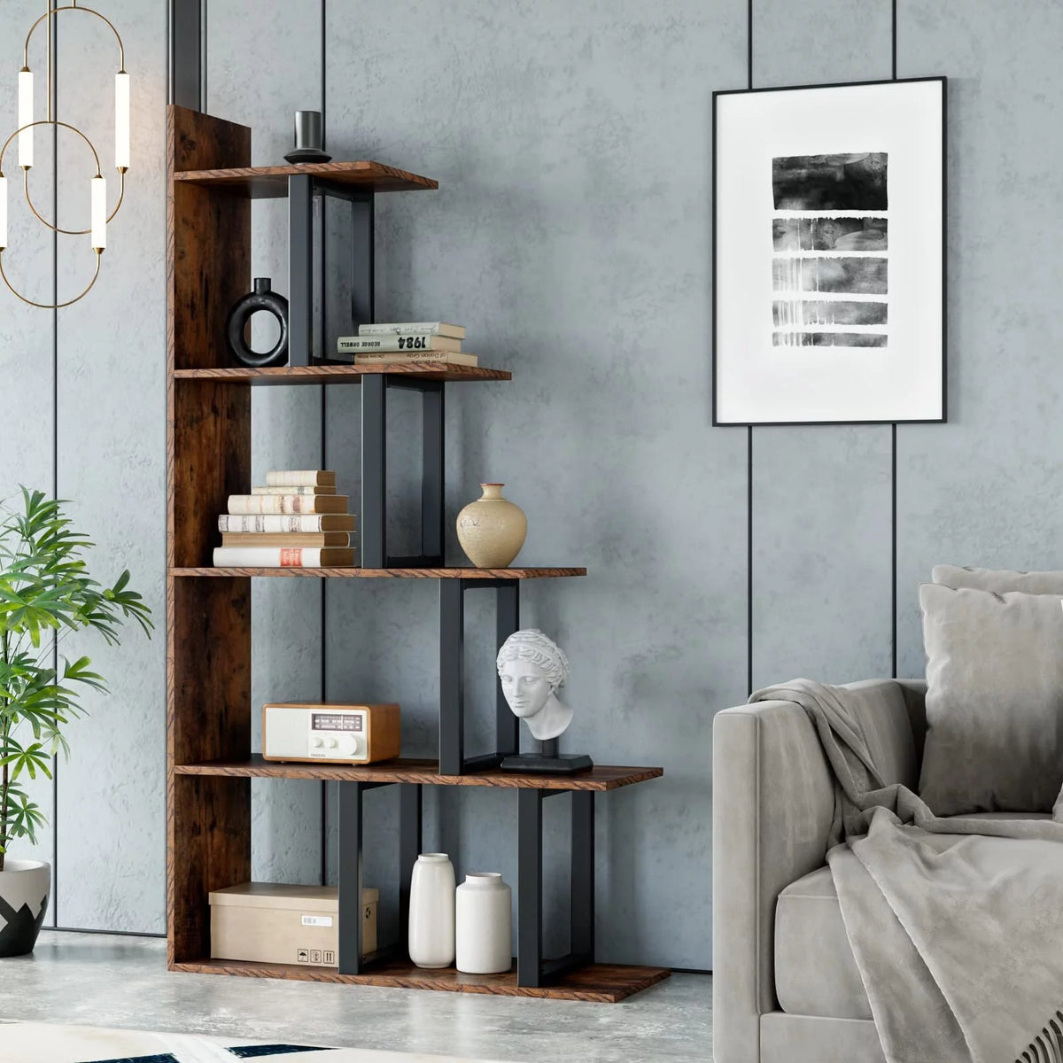 5 Tier Wooden Bookshelf with Metal Frame M33157