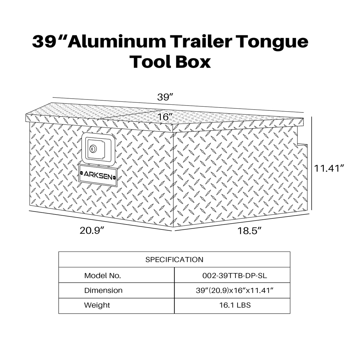 39 Diamond Plate Aluminum Trailer Tongue Box with Lock Key M701301