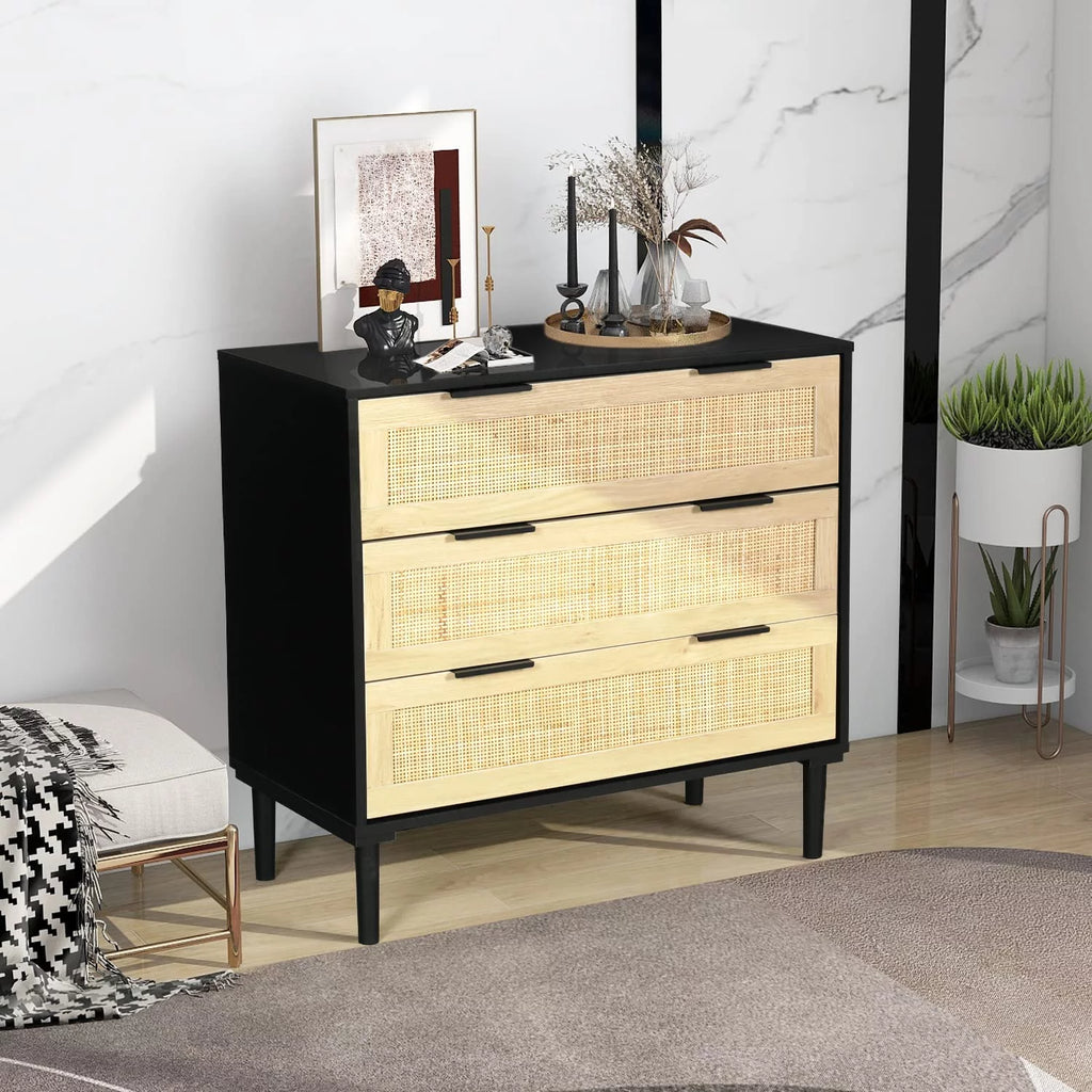Black 3 Drawer Wood Rattan Dresser U493201