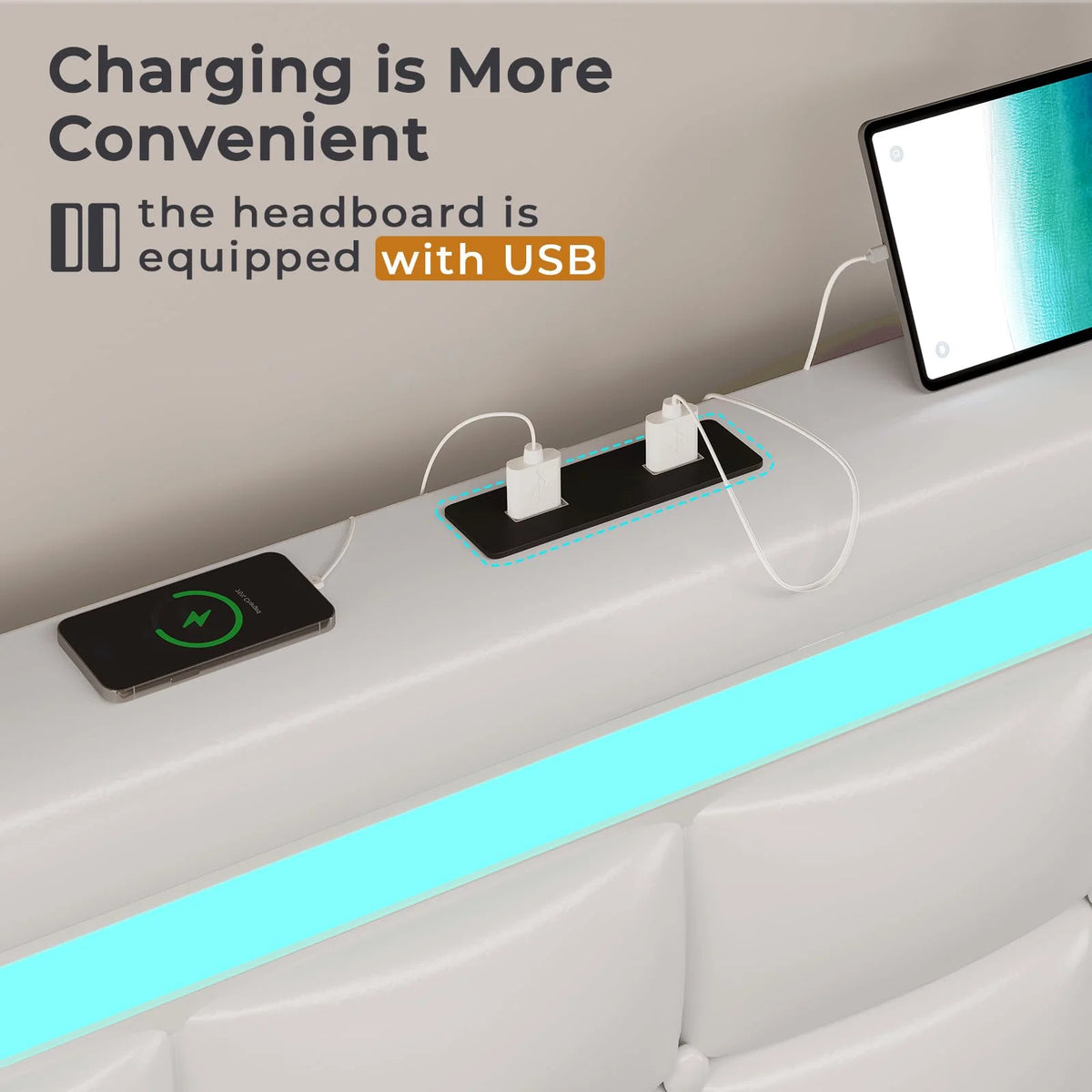 King Size White LED Bed Frame with USB Ports and Storage Drawers M7881