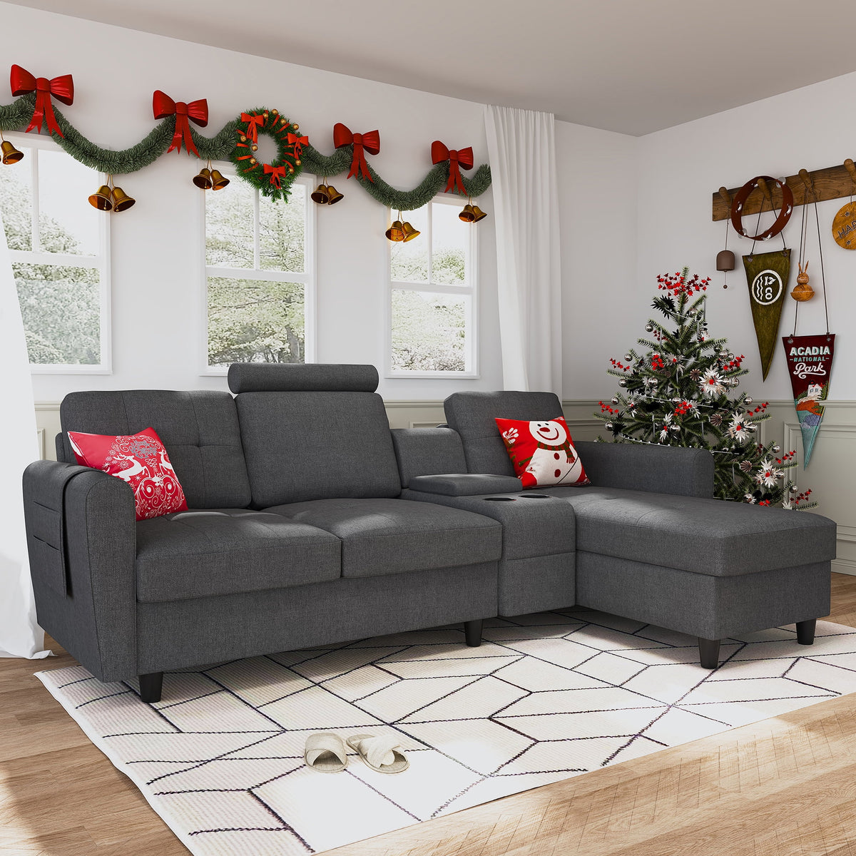 Dark Grey Upholstered L-Shaped Sectional Sofa with Cup Holders V51618