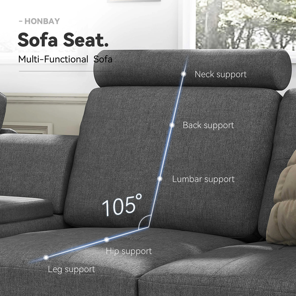 Dark Grey Upholstered L-Shaped Sectional Sofa with Cup Holders V51618