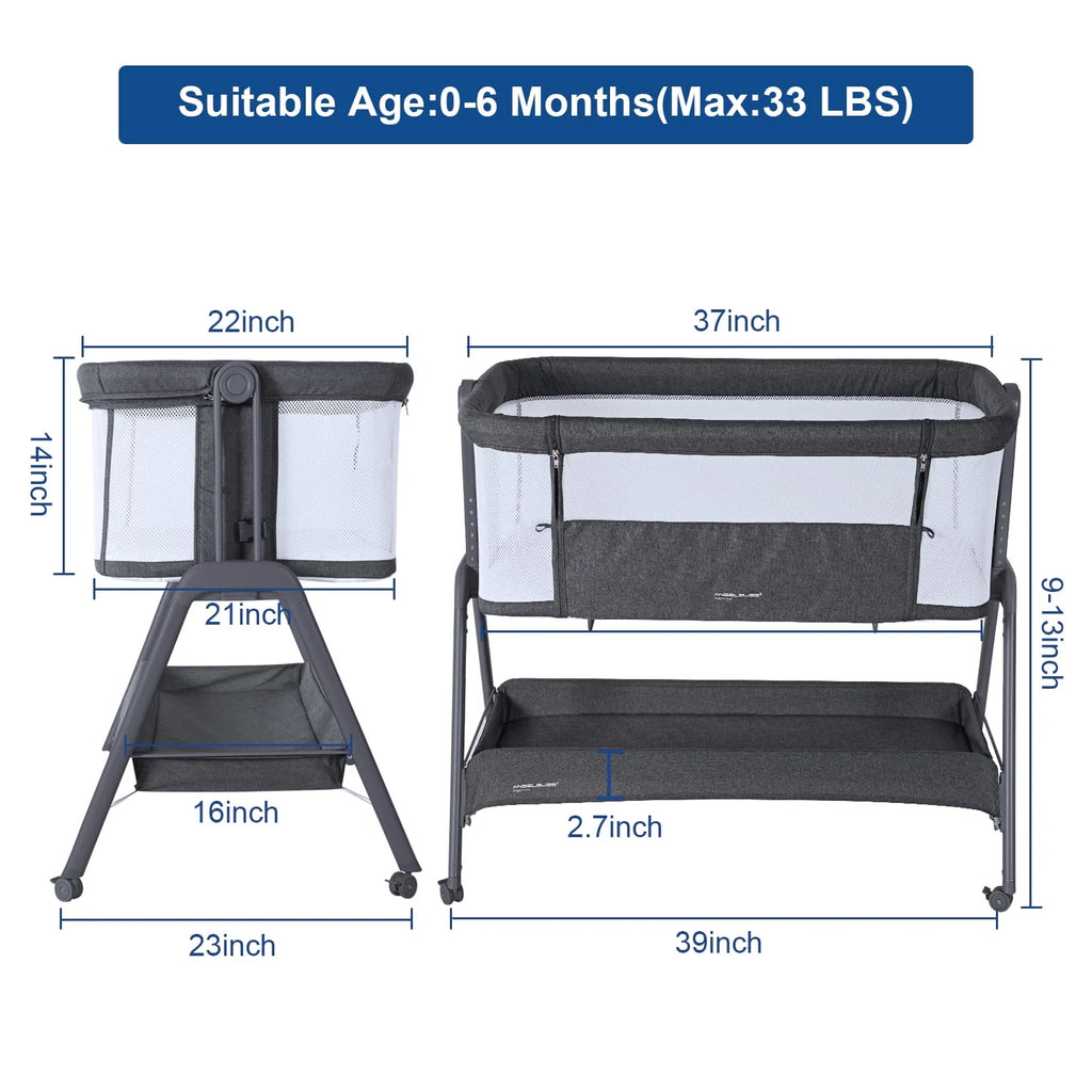 Flat Bedside Bassinet with Storage Basket, Portable Crib with Wheels, Mesh, Mattress J5334