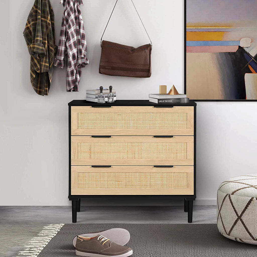 Black 3 Drawer Wood Rattan Dresser U493201
