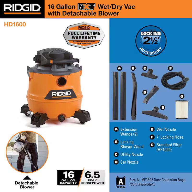 16 Gallon 6.5 Peak HP Wet/Dry Shop Vacuum with Detachable Blower W595079