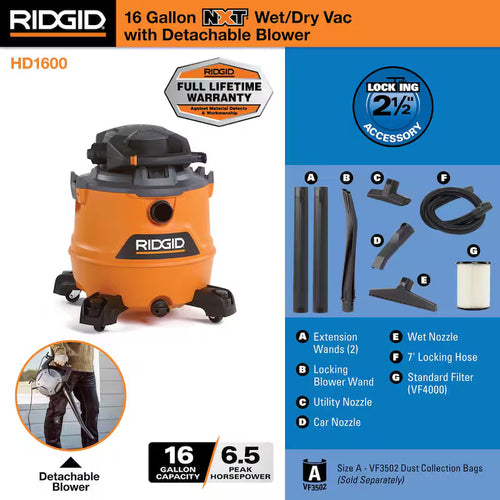 16 Gallon 6.5 Peak HP Wet/Dry Shop Vacuum with Detachable Blower W595079