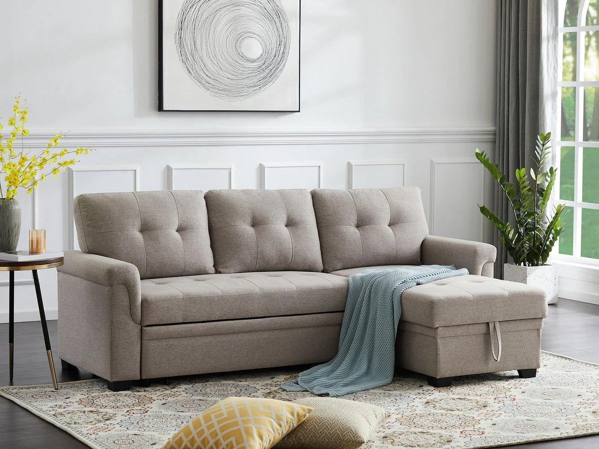 Linen Reversible Sleeper Sectional Sofa with Storage Chaise S300749