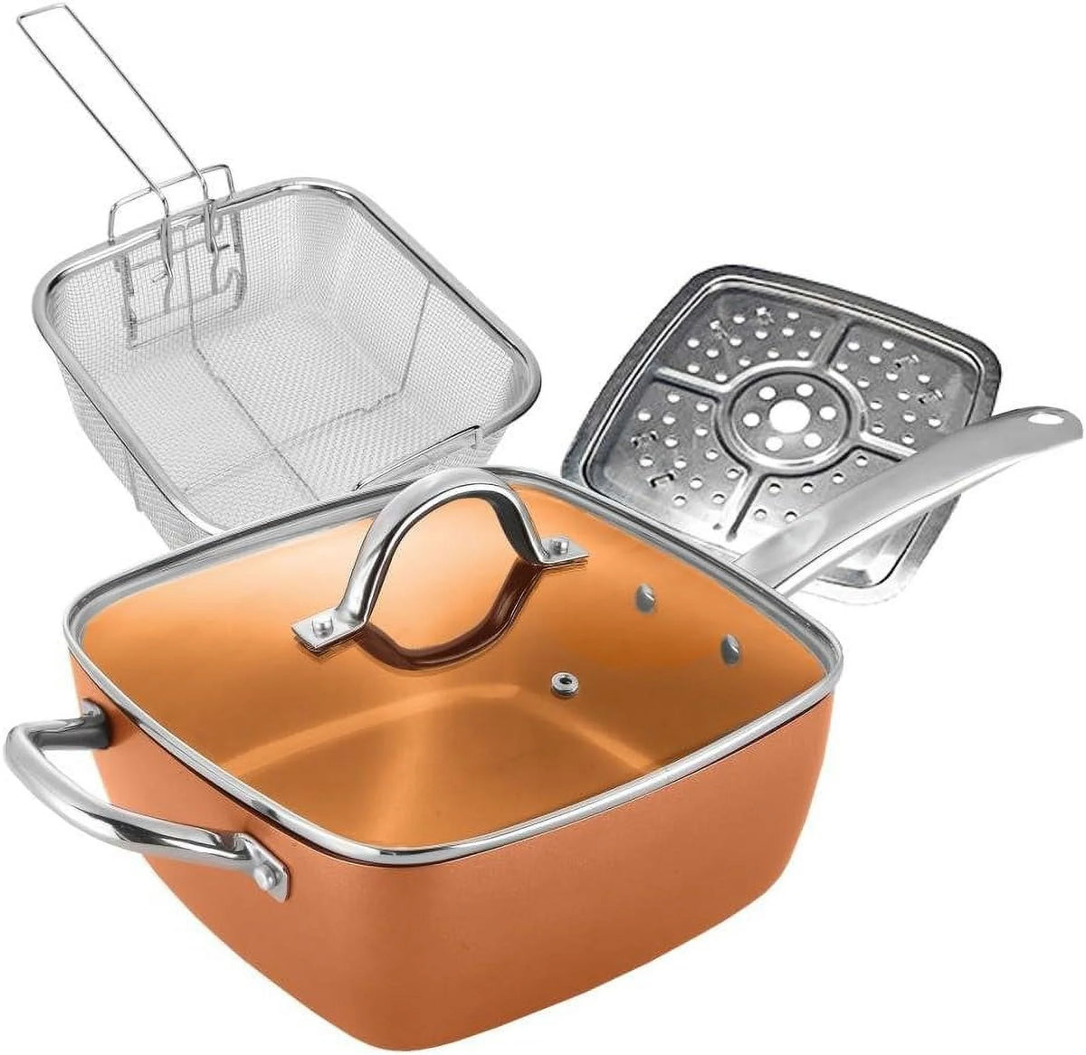 Copper Ceramic Non-Stick 5 Piece Pan Set with Fry Basket Steamer & Glass Lid O12290