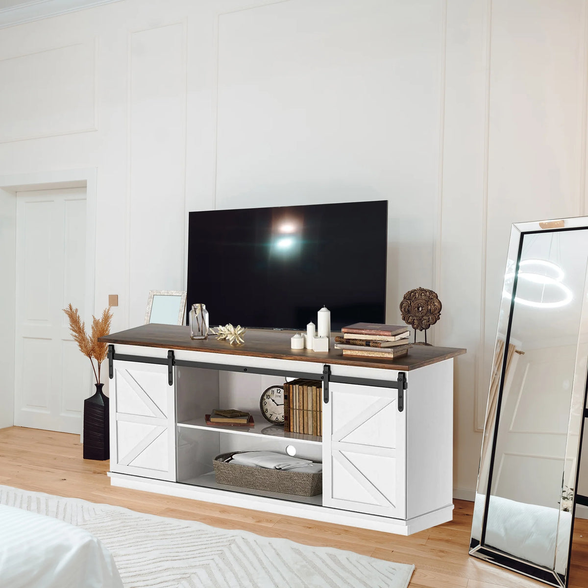 Farmhouse TV Stand with Sliding Barn Door Y177