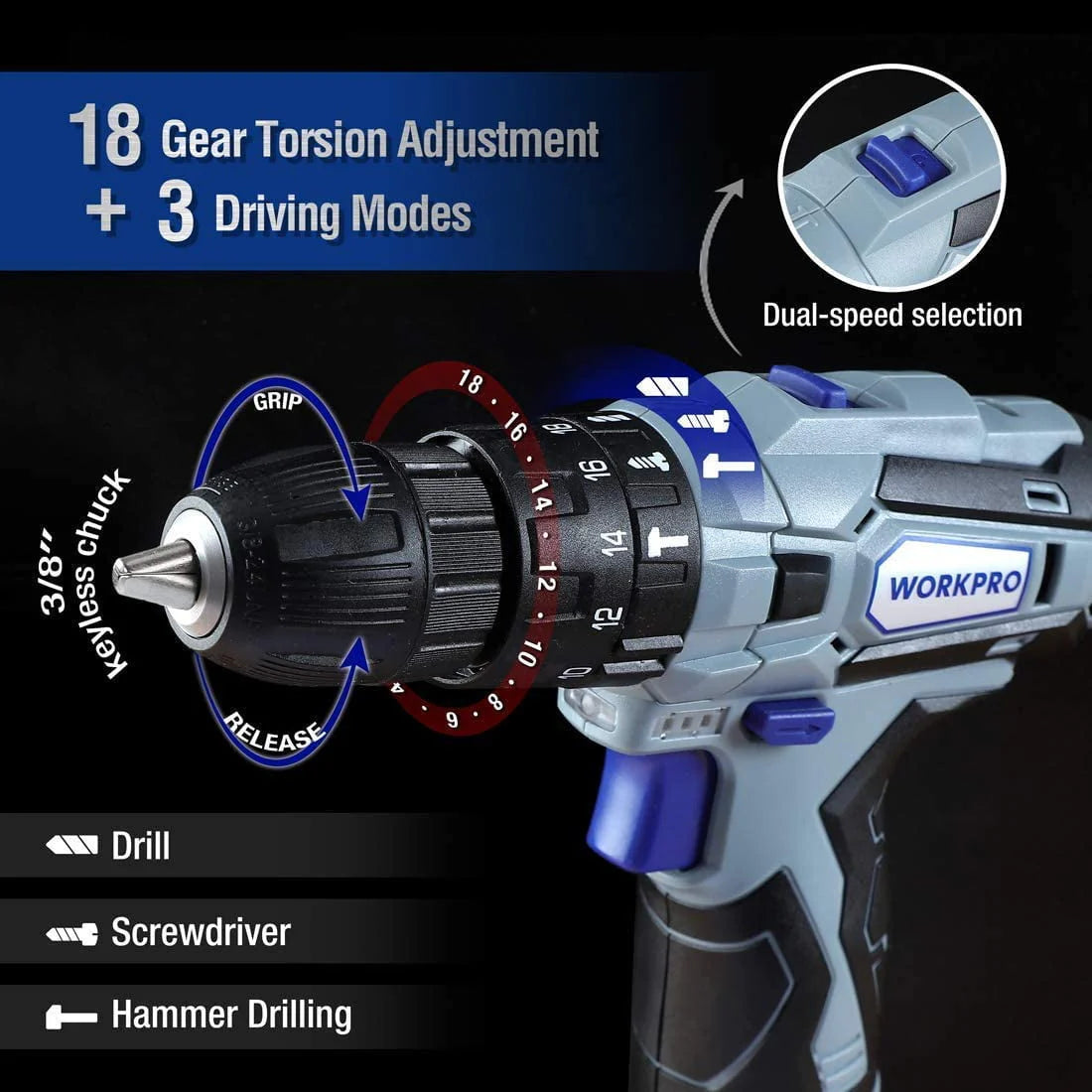 12V Cordless Drill 177 Pieces Combo Kit with Storage Bag and Lithium-Ion Battery & Charger K520