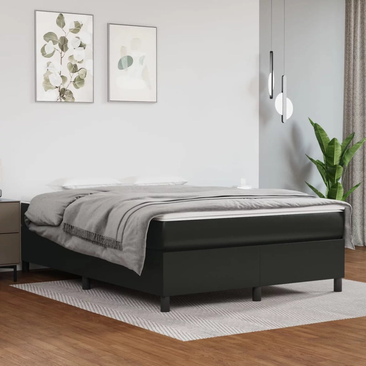Box Spring Bed with Black Faux Leather I336