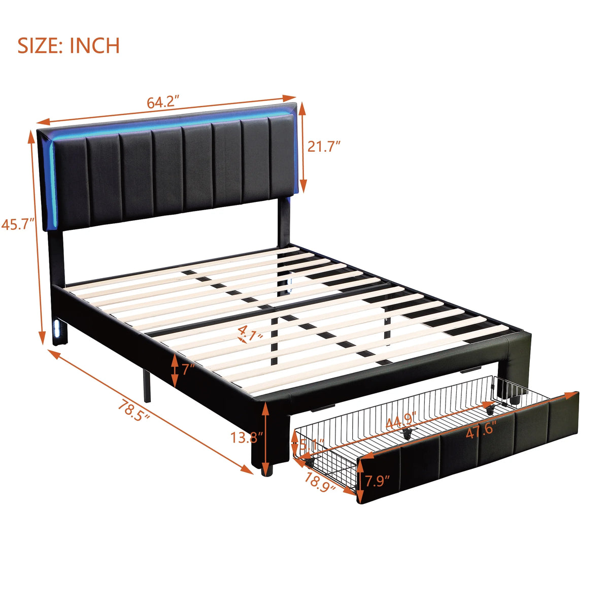 Queen Size Upholstered Platform Bed with Drawers and LED Lights J71865