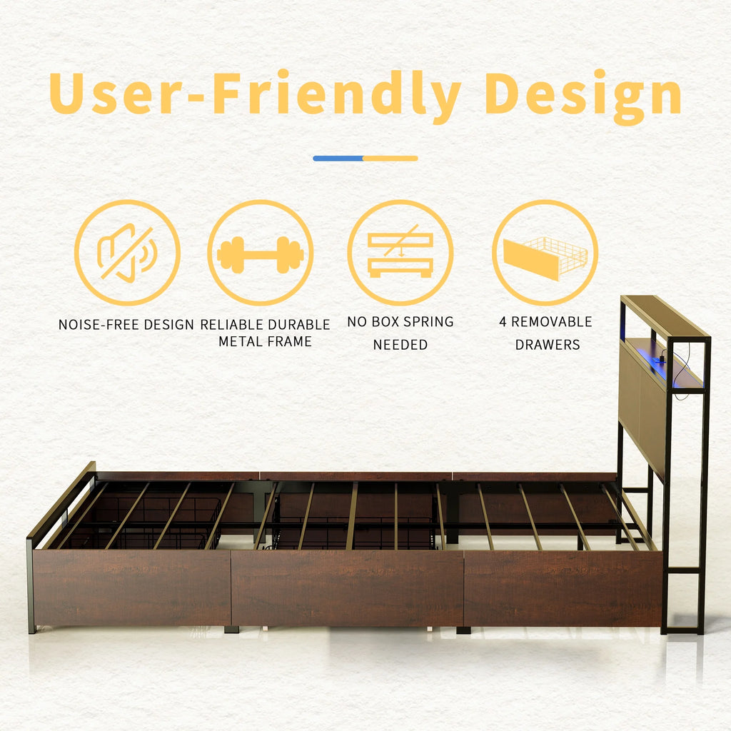 Queen Size Bed Frame with Headboard and 4 Storage Drawers G97548