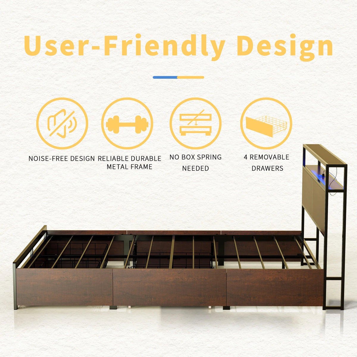 Queen Size Bed Frame with Headboard and 4 Storage Drawers G97548