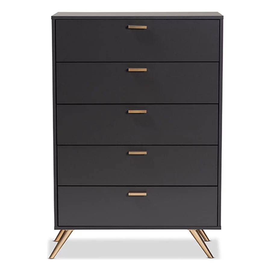 Dark Grey and Gold Finished Wood 5-Drawer Chest D86988