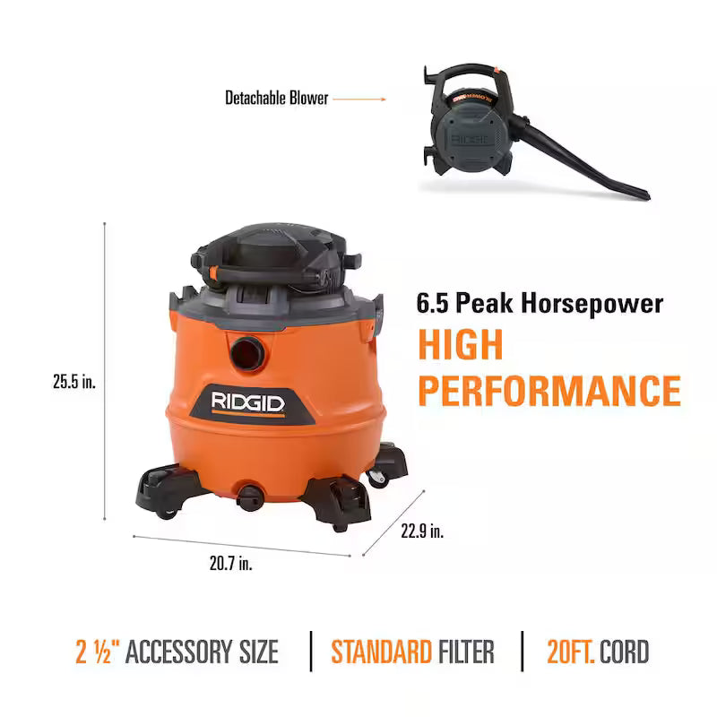 16 Gallon 6.5 Peak HP Wet/Dry Shop Vacuum with Detachable Blower W595079