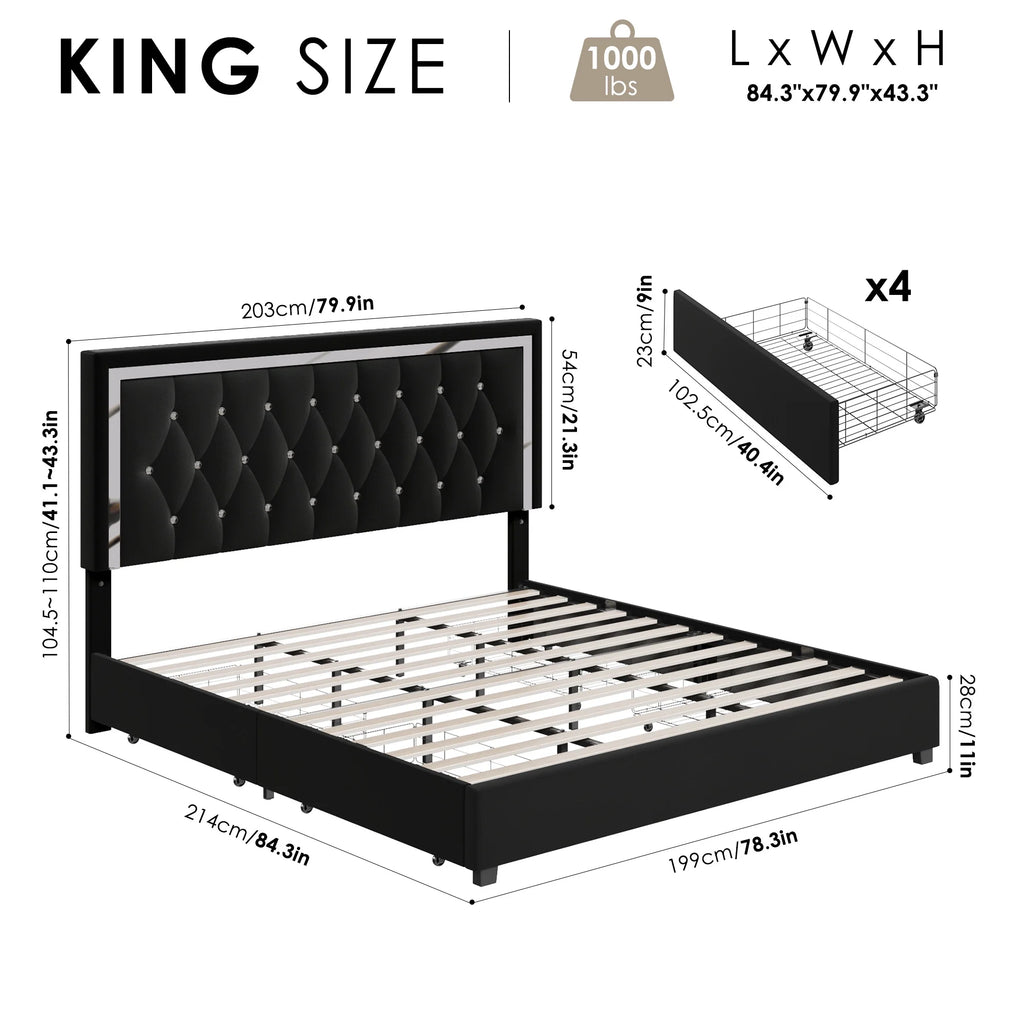 King Size Storage Bed with 4 Drawers, Black Upholstered Platform Bed Frame with Adjustable Headboard P55346