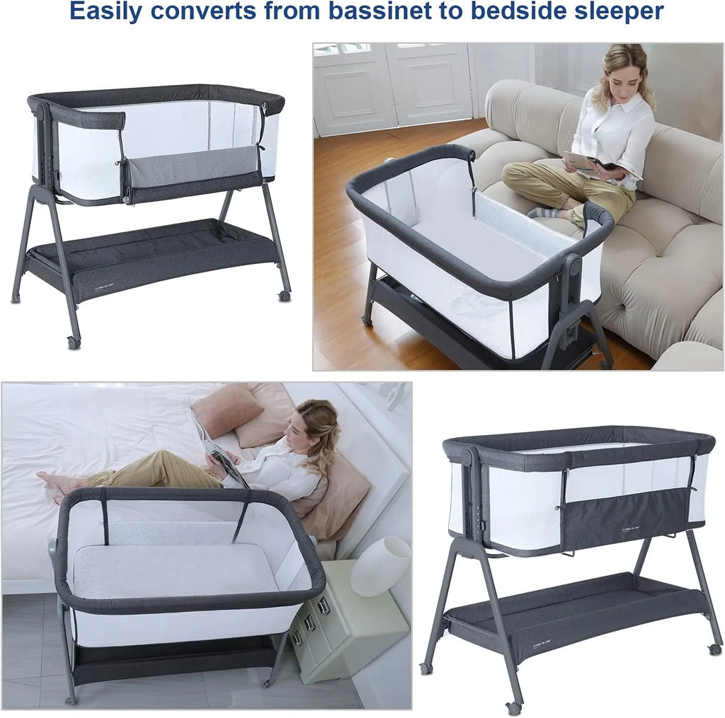 Flat Bedside Bassinet with Storage Basket, Portable Crib with Wheels, Mesh, Mattress J5334