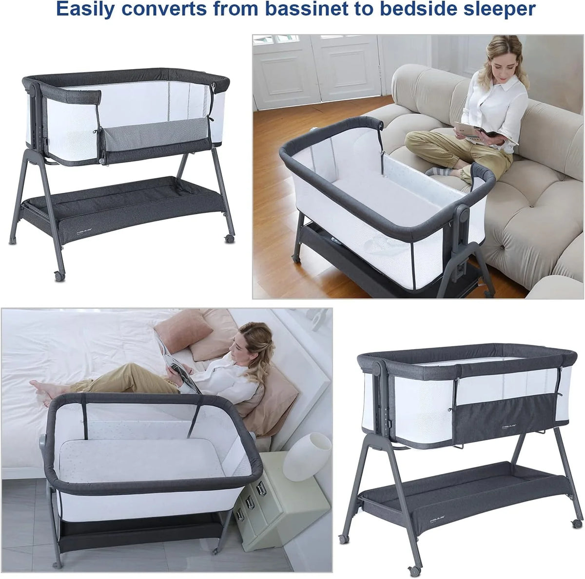 Flat Bedside Bassinet with Storage Basket, Portable Crib with Wheels, Mesh, Mattress J5334