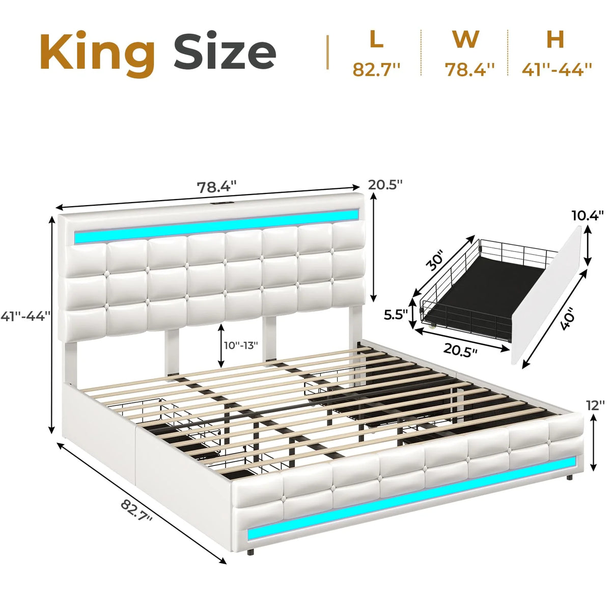 King Size White LED Bed Frame with USB Ports and Storage Drawers M7881