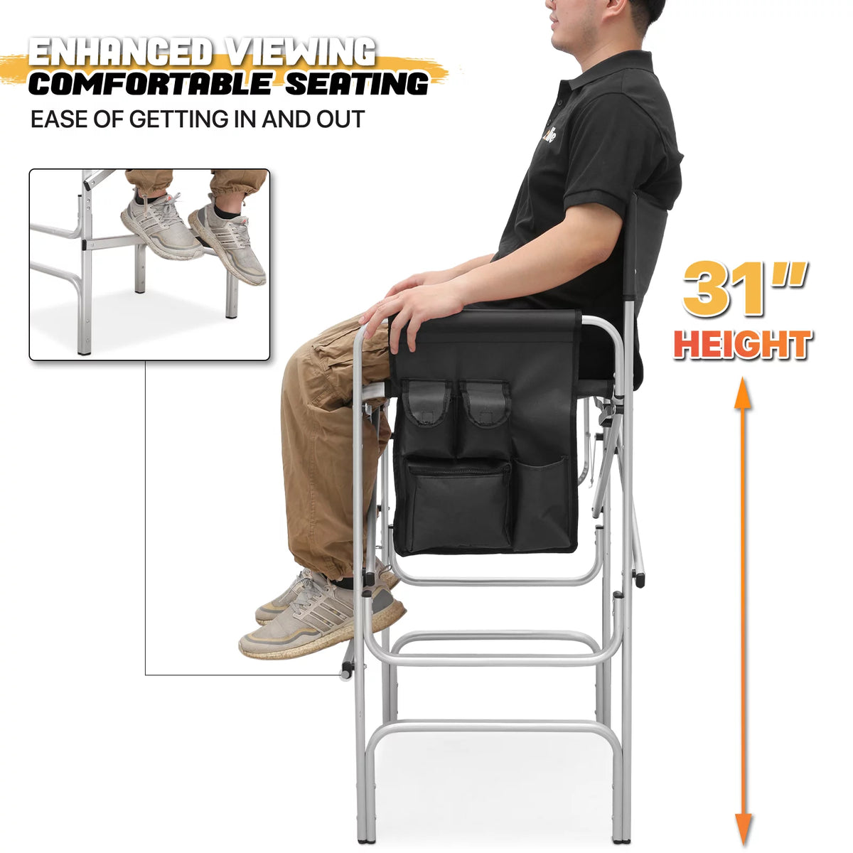 Folding Camping Director Chair with Side Table & Storage Pocket, Black T638