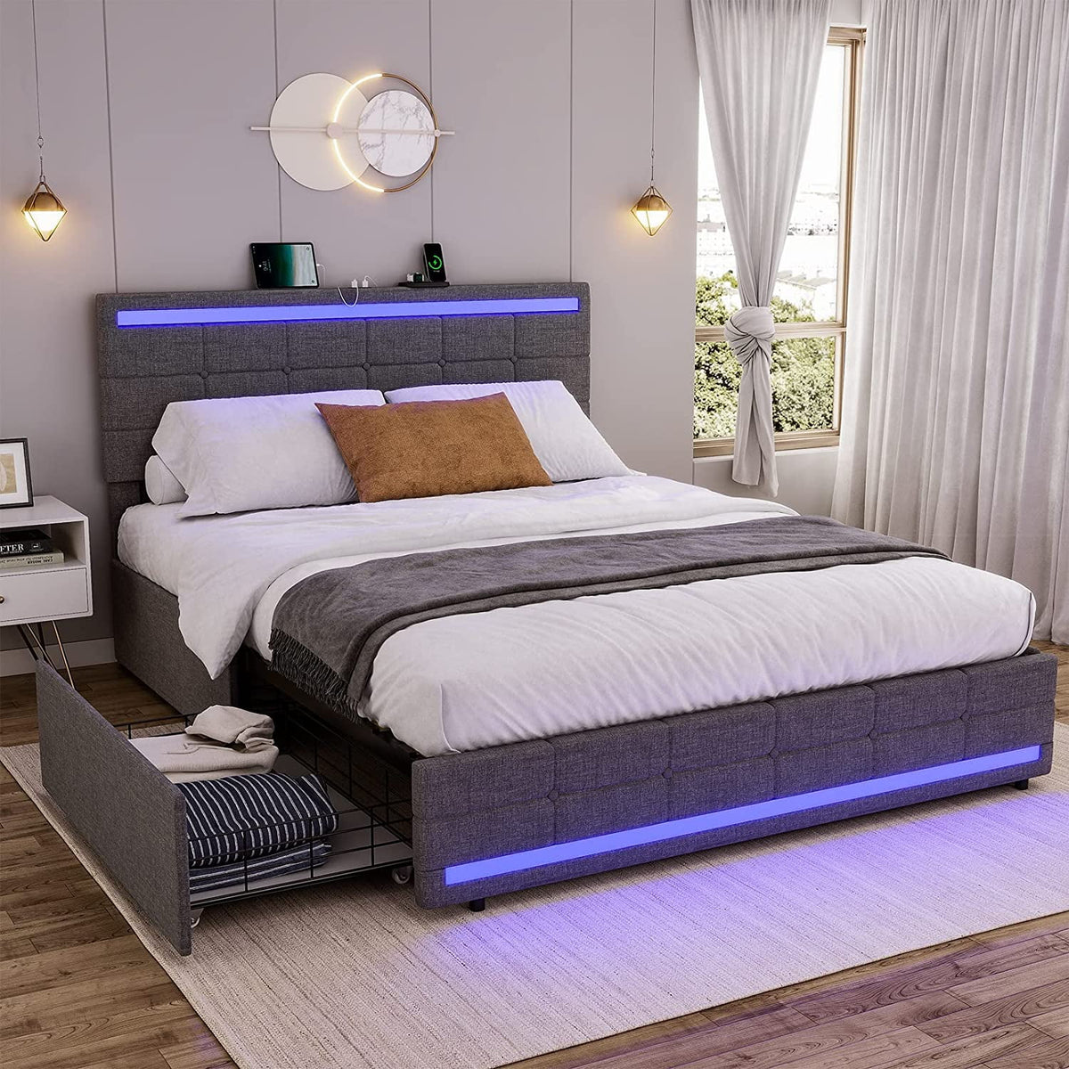 King Size White LED Bed Frame with USB Ports and Storage Drawers M7881
