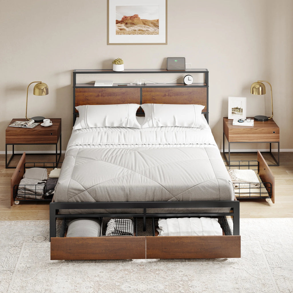 Queen Size Bed Frame with Headboard and 4 Storage Drawers G97548