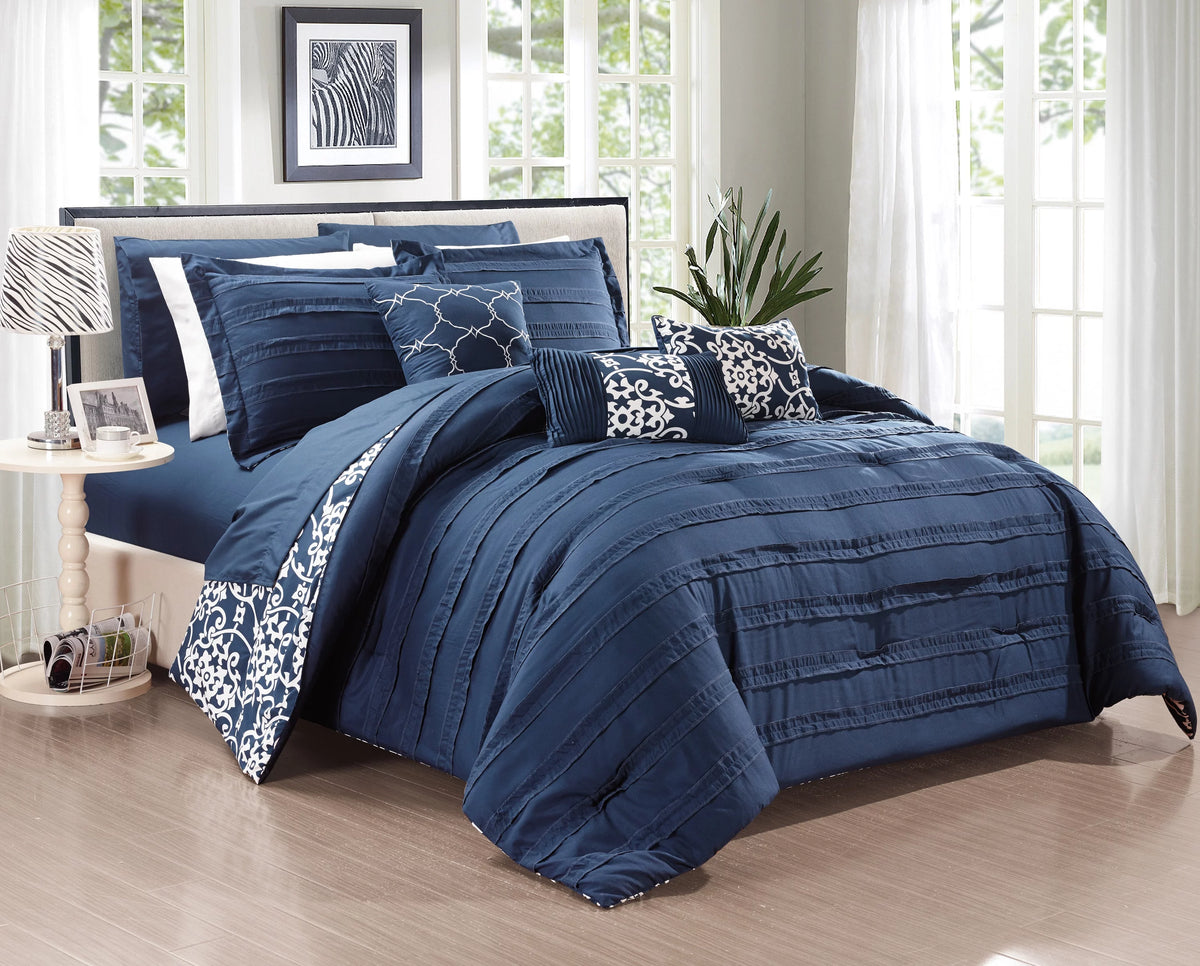 10-Piece Reversible Pinch Pleat Queen Comforter Set J161