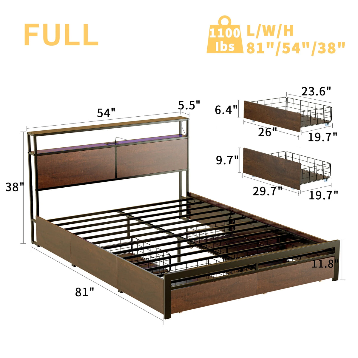 Queen Size Bed Frame with Headboard and 4 Storage Drawers G97548
