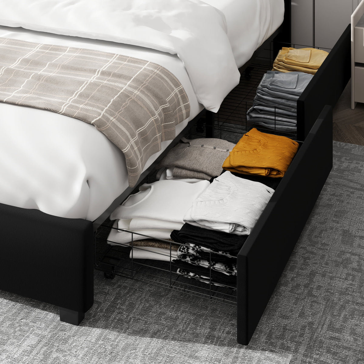 King Size Storage Bed with 4 Drawers, Black Upholstered Platform Bed Frame with Adjustable Headboard P55346