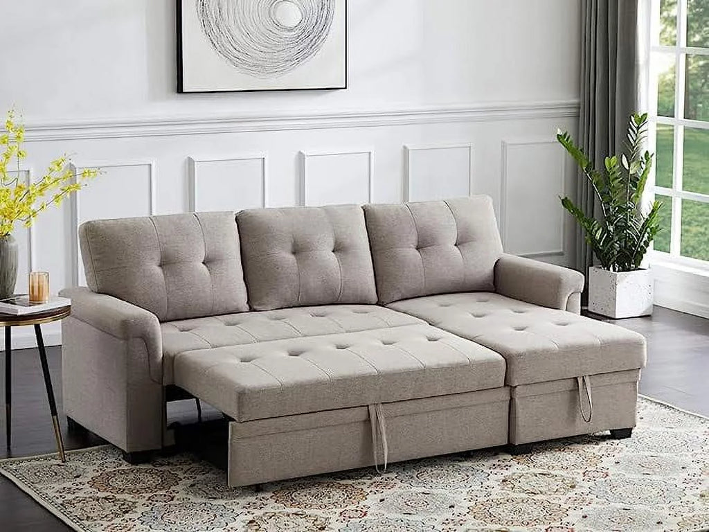 Linen Reversible Sleeper Sectional Sofa with Storage Chaise S300749