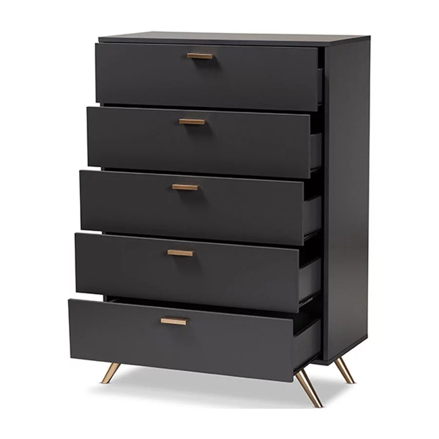 Dark Grey and Gold Finished Wood 5-Drawer Chest D86988