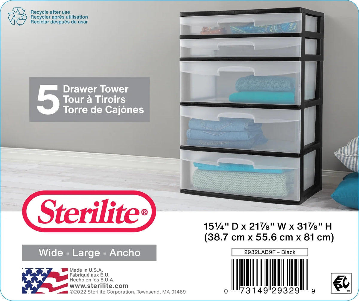 Plastic 5 Drawer Wide Tower Black E58331